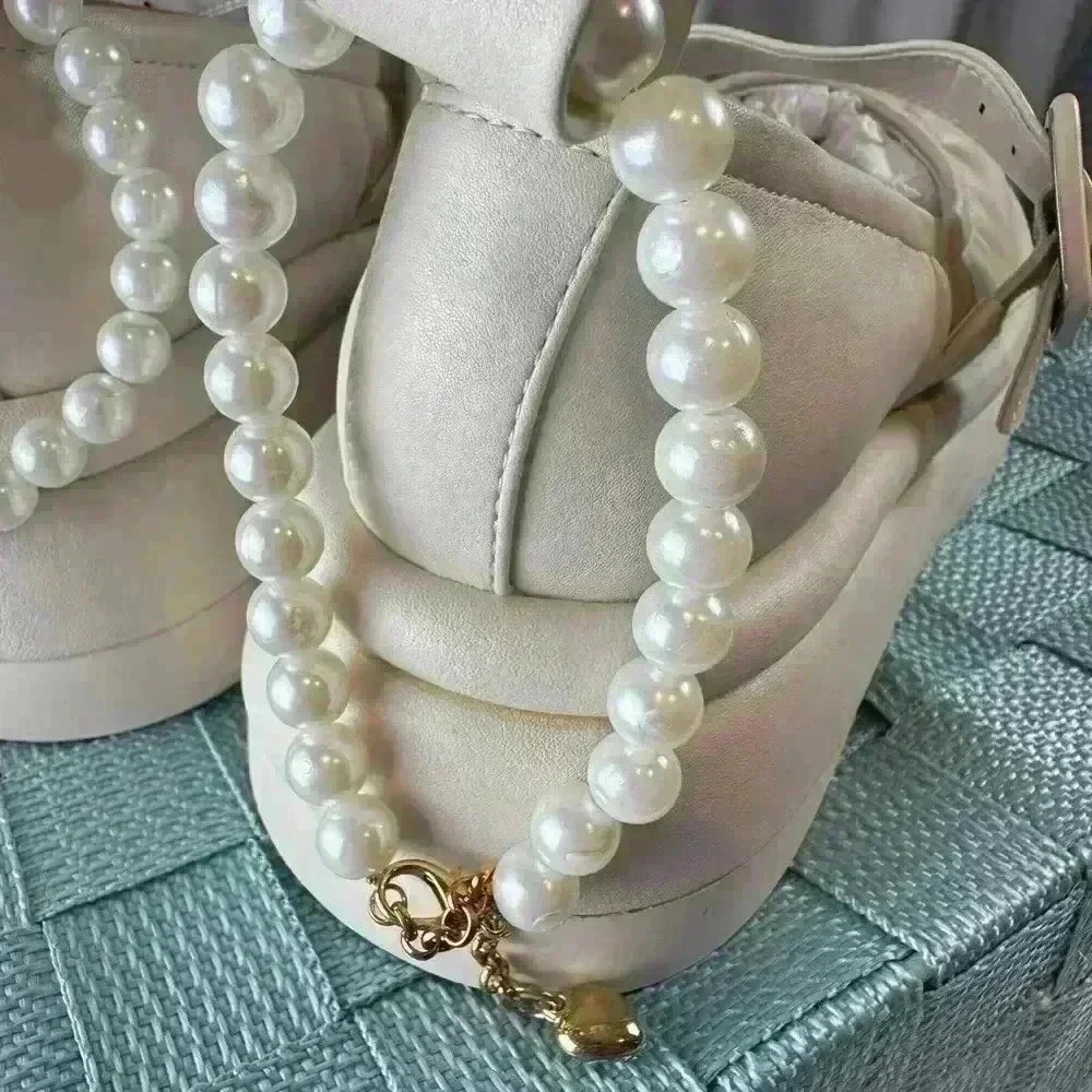 👑👑Charles & Keith Women's Chalk Nola Beaded Strap Platform Ivory Size 6.5